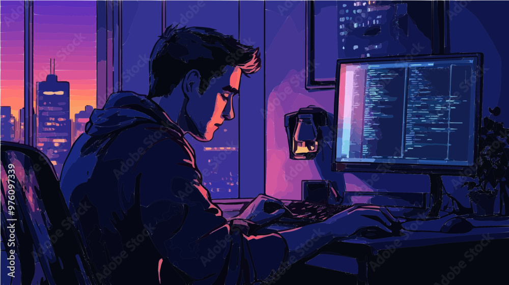 Comix-style vector of a programmer coding at night with a cityscape backdrop, highlighting late-night coding and urban life.