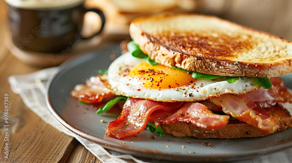 A bacon and egg sandwich is on the plate A bacon and egg sandwich is on the plate