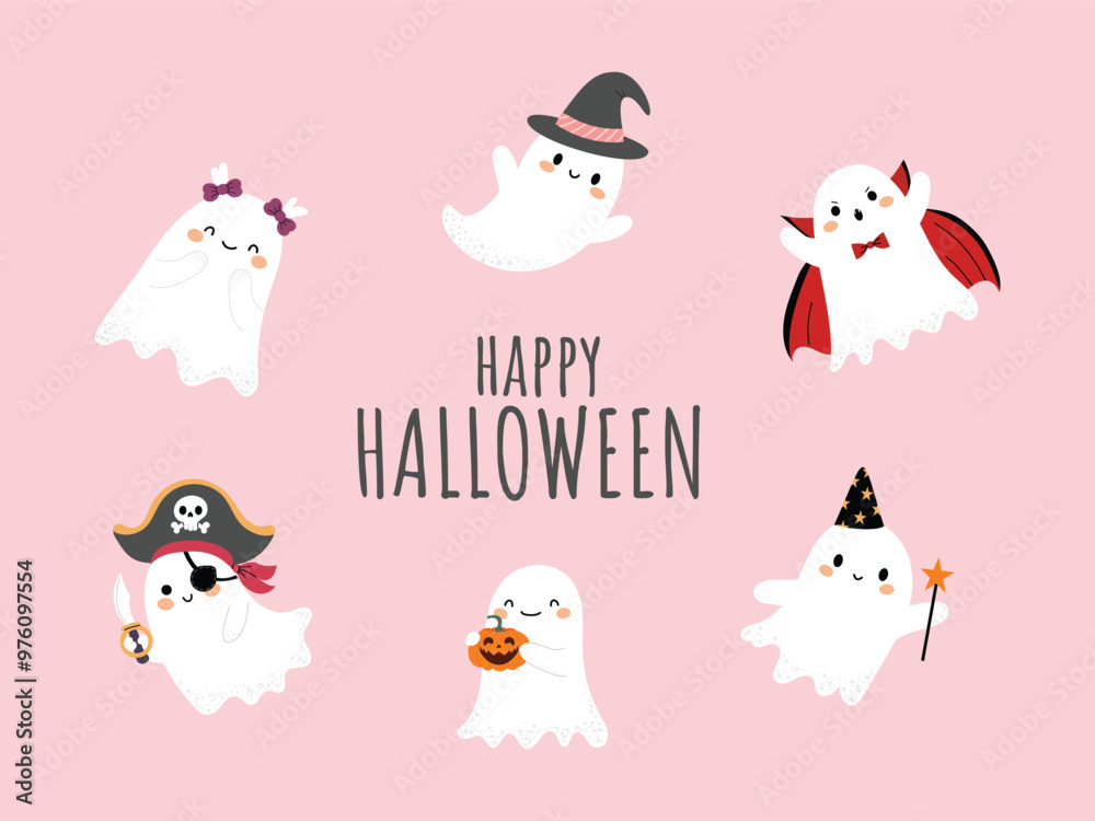 Halloween card with cute ghosts. Friendly ghost characters in costumes, pumpkin, and festive elements for Trick or Treat. Flat vector illustration for Halloween decorations, isolated on background. Halloween card with cute ghosts. Friendly ghost characters in costumes, pumpkin, and festive elements for Trick or Treat. Flat vector illustration for Halloween decorations, isolated on background.