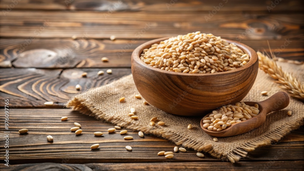 Barley grain in wooden bowl on rustic wooden table Barley grain in wooden bowl on rustic wooden table