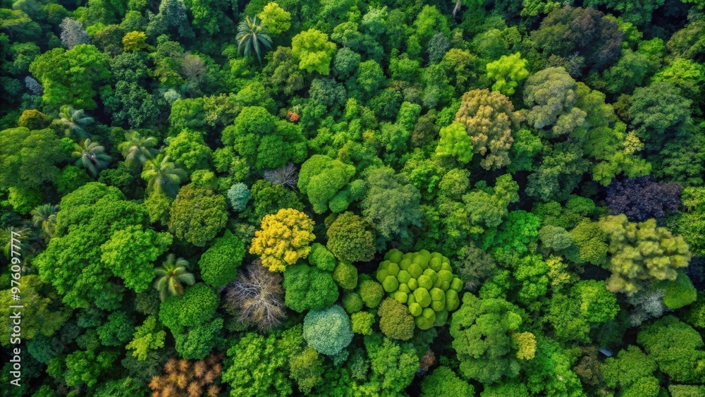 Naklejka premium Aerial view of diverse tropical forest canopy, showcasing various tree species