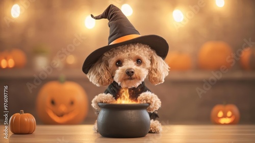 Poodle wearing a witch s hat and cape, stirring a cauldron in a spooky kitchen, witch dog, Halloween pet chef photo