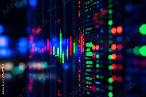 Stock market candlestick chart on a black background, with green and red candles and thick lines. The grid is dark blue, representing trading data for financial crisis charts or wallpaper