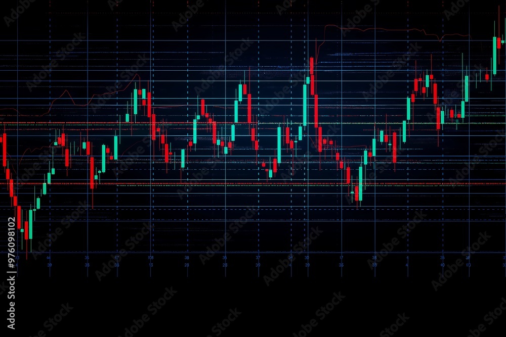 Stock market candlestick chart on a black background, with green and ...