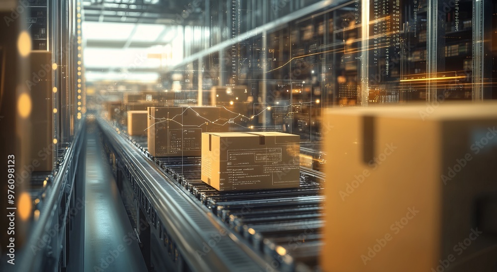digital rendering of cardboard boxes on an assembly line, with data and graphs overlaying them to represent the tech aspect of e-commerce's integration into logistics