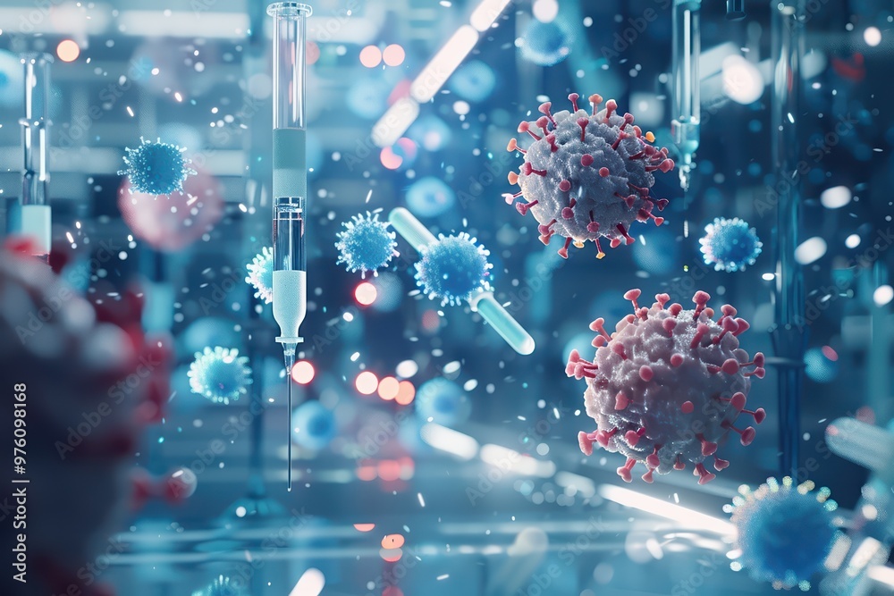 Abstract depiction of viruses and syringes in a scientific setting, emphasizing the theme of healthcare and research. Abstract depiction of viruses and syringes in a scientific setting, emphasizing the theme of healthcare and research.