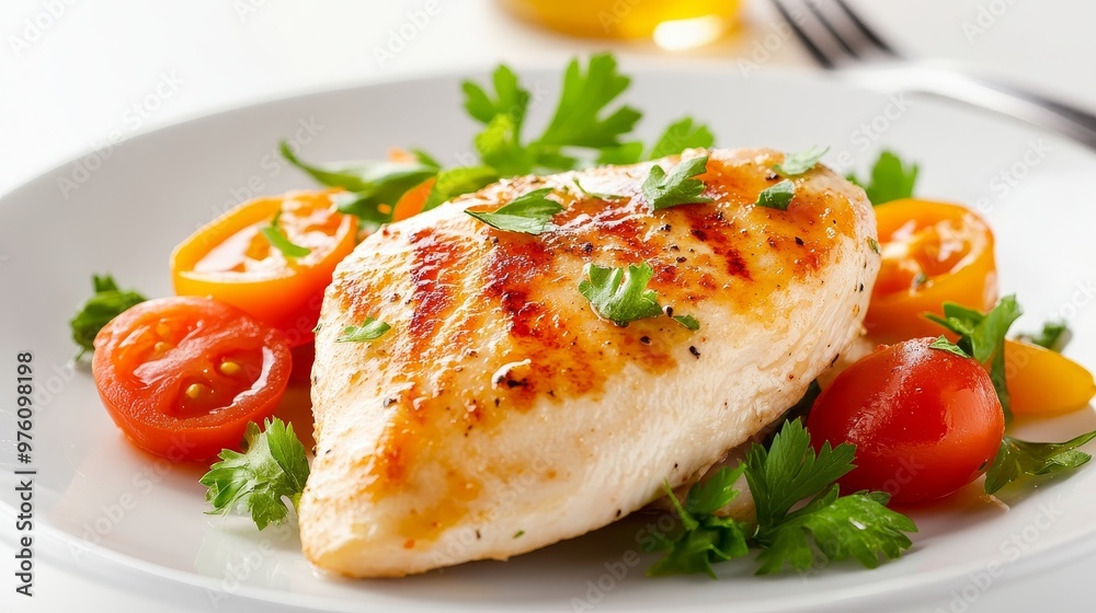 Grilled chicken breast with tomatoes and parsley, a healthy and delicious meal for any occasion. Grilled chicken breast with tomatoes and parsley, a healthy and delicious meal for any occasion.