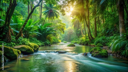 Serene stream flowing through lush tropical forest
