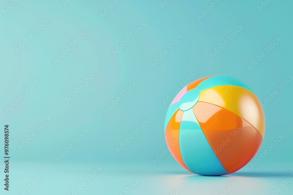Obraz premium Colorful beach ball resting on a smooth surface with a soft blue background, perfect for summer and vacation themes.