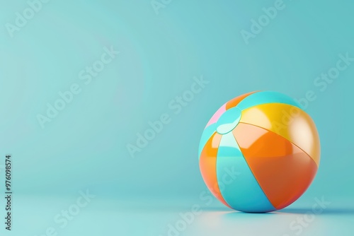 Colorful beach ball resting on a smooth surface with a soft blue background, perfect for summer and vacation themes.