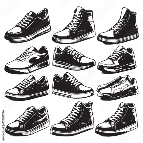 sneakers silhouettes for man and woman. Fashion elements. Dress shoes icons for designs silhouette vector on a white background