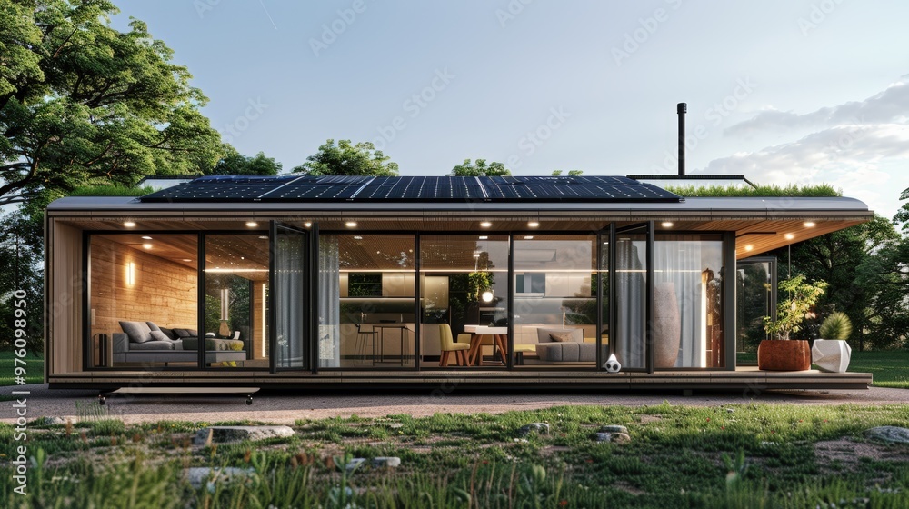 Fototapeta premium Modern Minimalist Autonomous House with Solar Panels and Green Roof in Tranquil Suburban Area