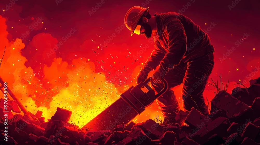 A diligent worker uses a chainsaw in a fiery environment, showcasing bravery and skill in tough conditions.