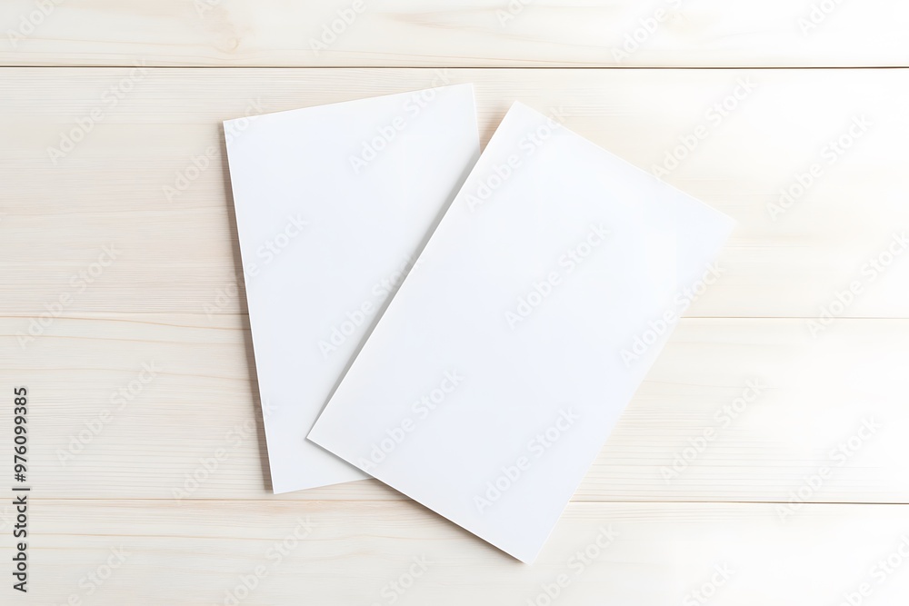 Two white sheets of paper are sitting on a wooden table Two white sheets of paper are sitting on a wooden table