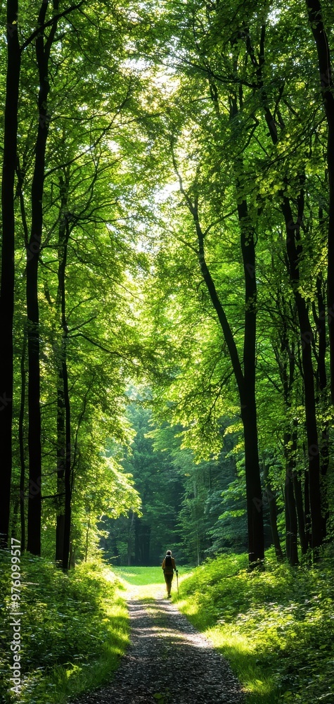 Fototapeta premium A serene forest pathway illuminated by sunlight, inviting exploration and tranquility among vibrant green trees.