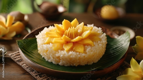 Kao niew moon (mango sticky rice) shaped like lotus flower, mango petals, pandan leaf  photo