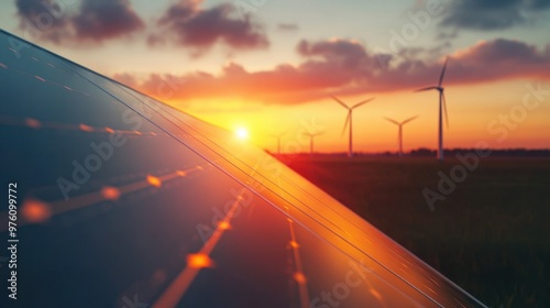 Sleek solar panel reflecting vibrant sunset, wind turbines silhouetted in distance, lens flare