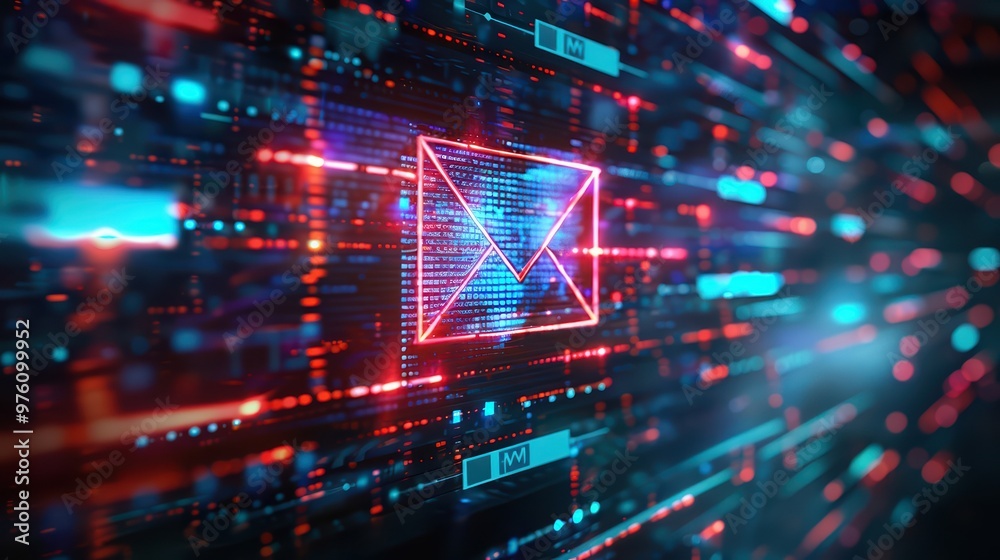Futuristic digital illustration of an envelope symbol surrounded by bright neon lights and data streams, representing email communication. Futuristic digital illustration of an envelope symbol surrounded by bright neon lights and data streams, representing email communication.