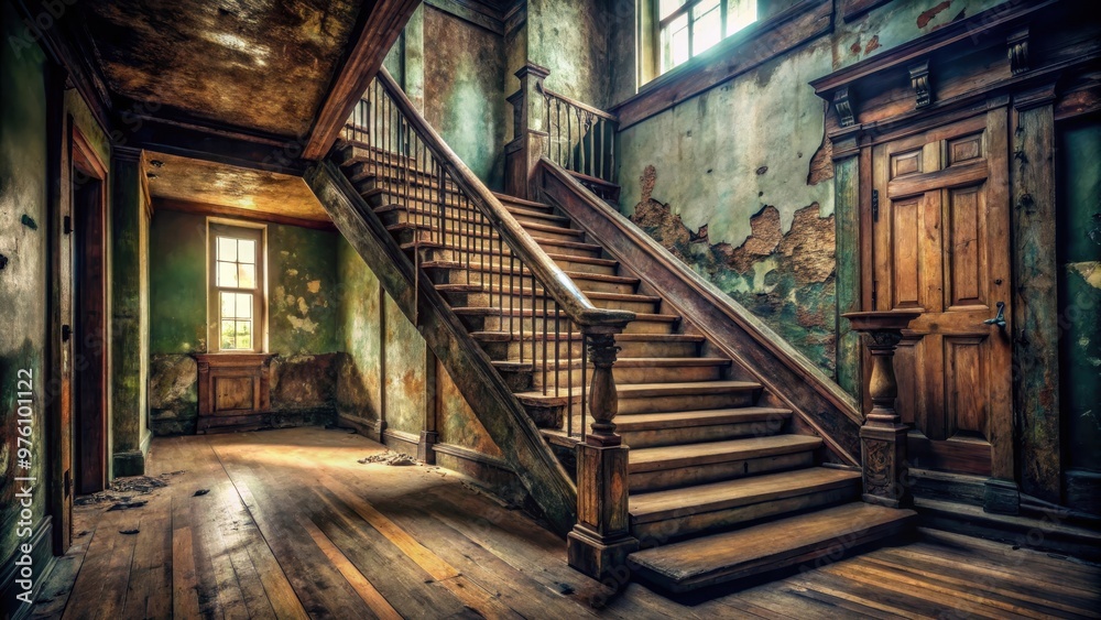 A spooky wooden staircase in an abandoned house A spooky wooden staircase in an abandoned house