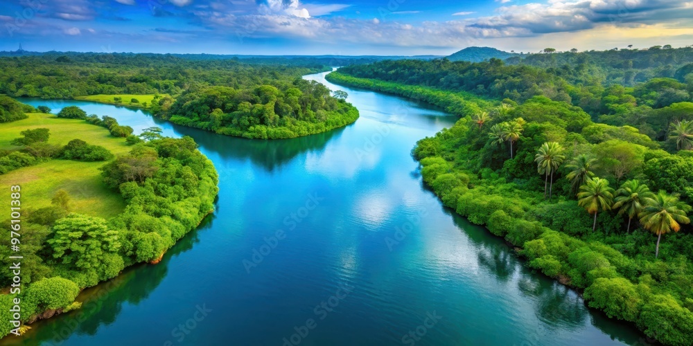 Beautiful blue rivers in the Congo region with lush green surroundings Beautiful blue rivers in the Congo region with lush green surroundings