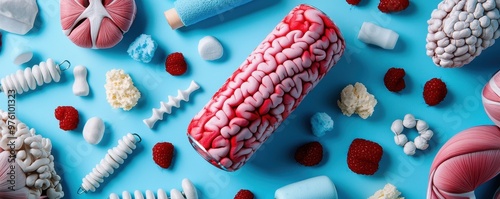 Colorful collection of candy resembling anatomical organs and structures on a vibrant blue background, playful and creative.