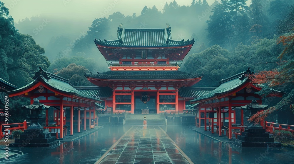 Serene Japanese Temple in Foggy Landscape Serene Japanese Temple in Foggy Landscape
