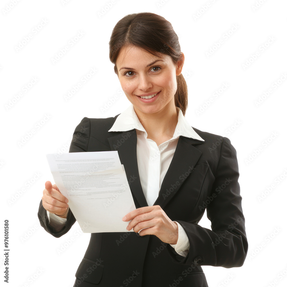 A PR specialist pointing at a press release document, with a friendly and persuasive expression. isolated on transparency background A PR specialist pointing at a press release document, with a friendly and persuasive expression. isolated on transparency background