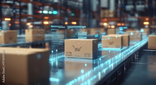 Smart warehouse management system using augmented reality technology to identify package picking and delivery . Future concept of supply chain and logistic business	
