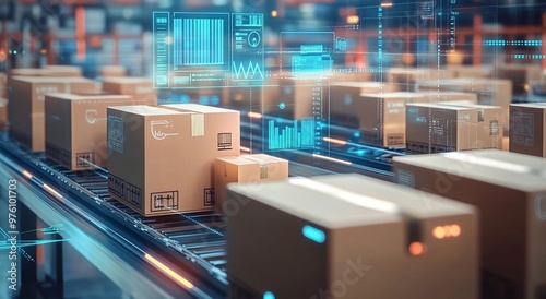 Smart warehouse management system using augmented reality technology to identify package picking and delivery . Future concept of supply chain and logistic business	
