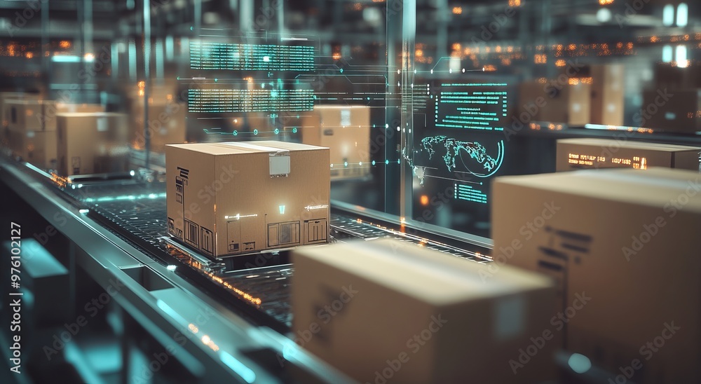 © Otseira - Smart warehouse management system using augmented reality technology to identify package picking and delivery . Future concept of supply chain and logistic business