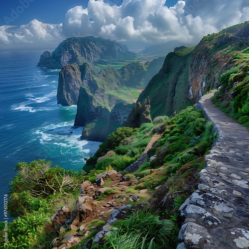 Pink rhododendron flowers and Bucura lake at sunset, Retezat mountains, Coastal cliffs and the azure blue sea, presented in a stunning panoramic view both captivating and serene, 
 photo