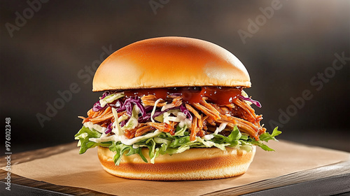 Juicy pulled pork sandwich with coleslaw, dripping barbecue sauce, soft brioche bun, smoky background 
