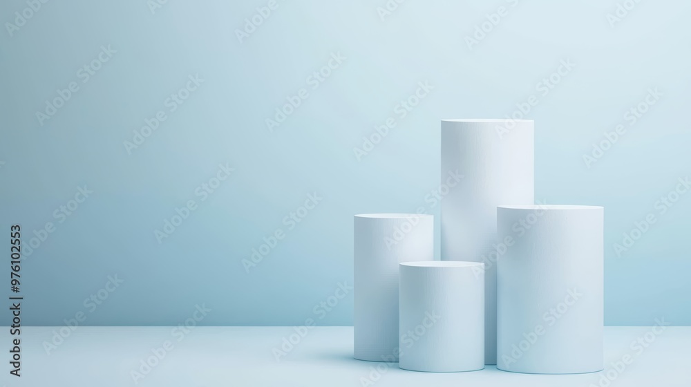 Minimalist composition of white cylinders against a soft blue background, perfect for modern design themes and product displays. Minimalist composition of white cylinders against a soft blue background, perfect for modern design themes and product displays.
