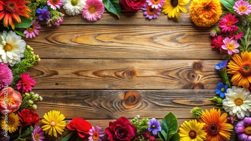 Wood texture background with colorful blooming flowers