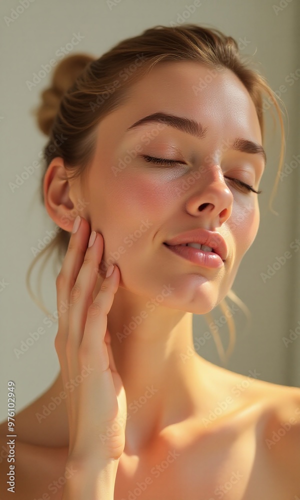 serene young woman, glowing skin, closed eyes, soft light, minimalistic background serene young woman, glowing skin, closed eyes, soft light, minimalistic background