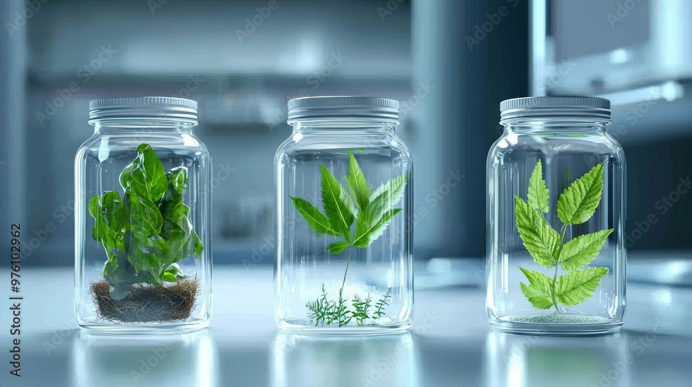 Three jars with vibrant plants, capturing the essence of nature and growth in a modern indoor environment. Three jars with vibrant plants, capturing the essence of nature and growth in a modern indoor environment.