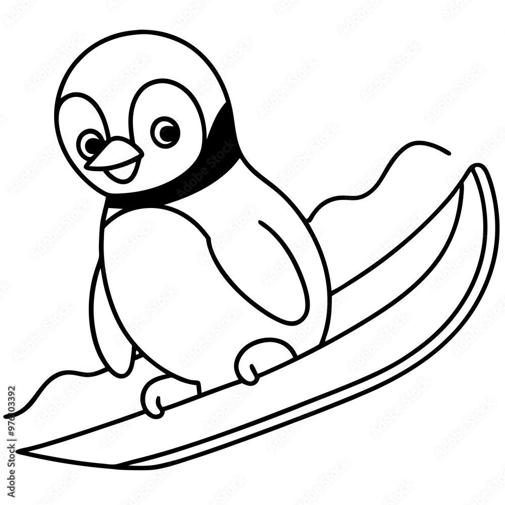 A cute penguin sliding down a hill on a sled, simplified with smooth lines vector