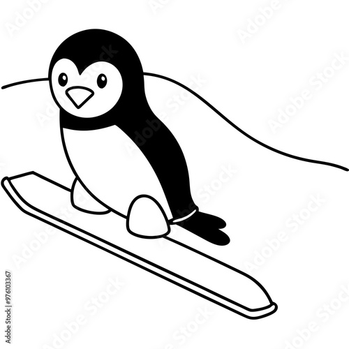 A cute penguin sliding down a hill on a sled, simplified with smooth lines vector