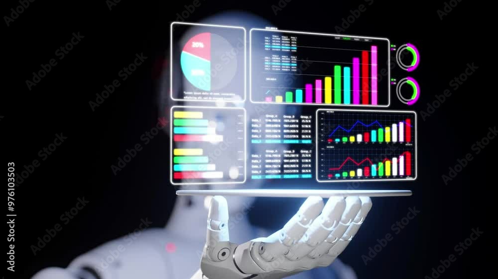 AI-powered robot analyzing complex business data and generating insights for advanced decision-making dashboards. Revolutionize data analysis with cutting-edge artificial intelligence solutions for bu