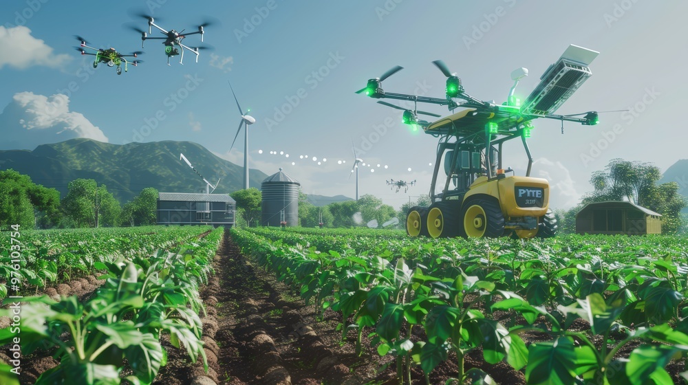 Smart Farming with Solar-Powered Machinery and Drones for Efficient Crop Monitoring