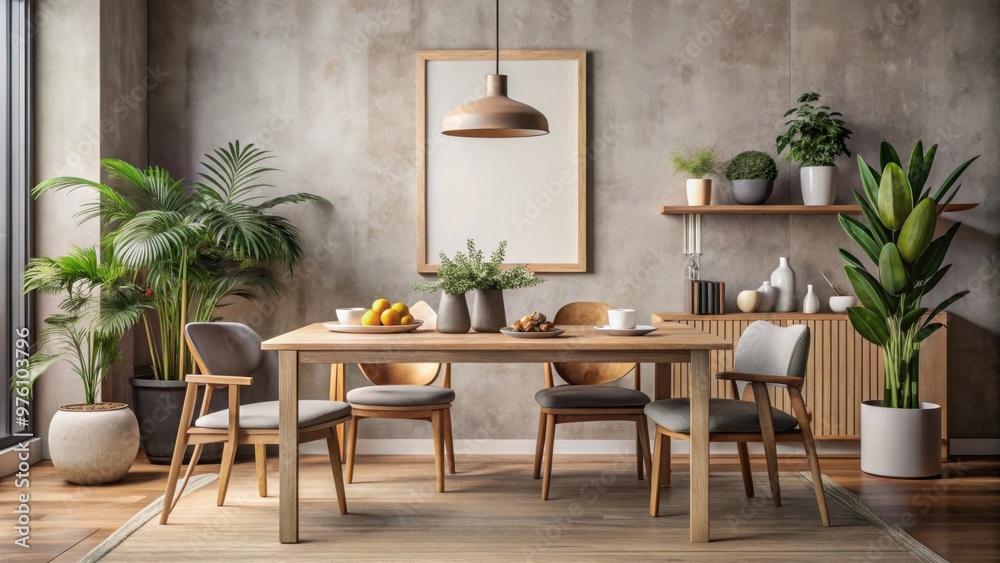 Stylish Scandinavian dining room interior with mock-up poster frame, wooden table, furniture, cup of coffee, plant, cement, fruits, nuts, and elegant accessories modern home decor Stylish Scandinavian dining room interior with mock-up poster frame, wooden table, furniture, cup of coffee, plant, cement, fruits, nuts, and elegant accessories modern home decor