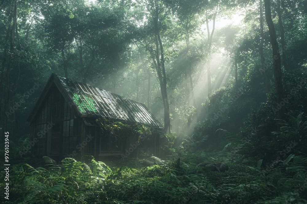 Lush, misty forest with sunlight beams shining through dense foliage Lush, misty forest with sunlight beams shining through dense foliage