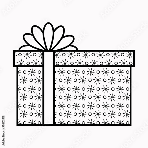 gift box in a linear style with snowflake patterns and a bow is flat