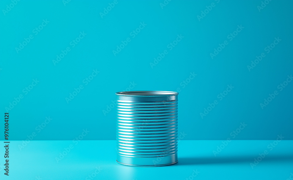 A single tin can stands against a bright blue background, symbolizing simplicity and minimalism. A single tin can stands against a bright blue background, symbolizing simplicity and minimalism.