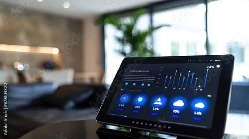 Wallpaper Mural Smart Home Control Panel Displaying Energy Usage and Savings Data on Modern Touchscreen Interface Torontodigital.ca