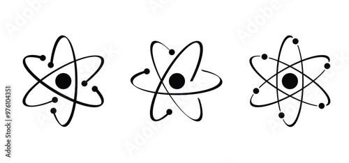 Atom molecule icon. Science symbol. Nuclear energy, scientific research and molecular chemistry. Atomic structure, formula -  electron, proton, neutron, elementary particle the nucleus of an atom. 
