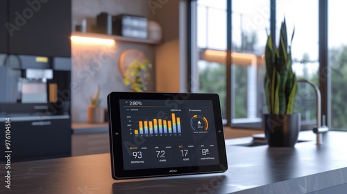Smart Home Control Panel Displaying Real-Time Energy Usage and Savings Data on Touchscreen Interface