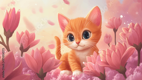 Cute Ginger Kitten Sitting Among Big Pink Flower Buds Cartoon Illustration For Childrens Book Adorable Character Art Kids Storybook Charming Flower