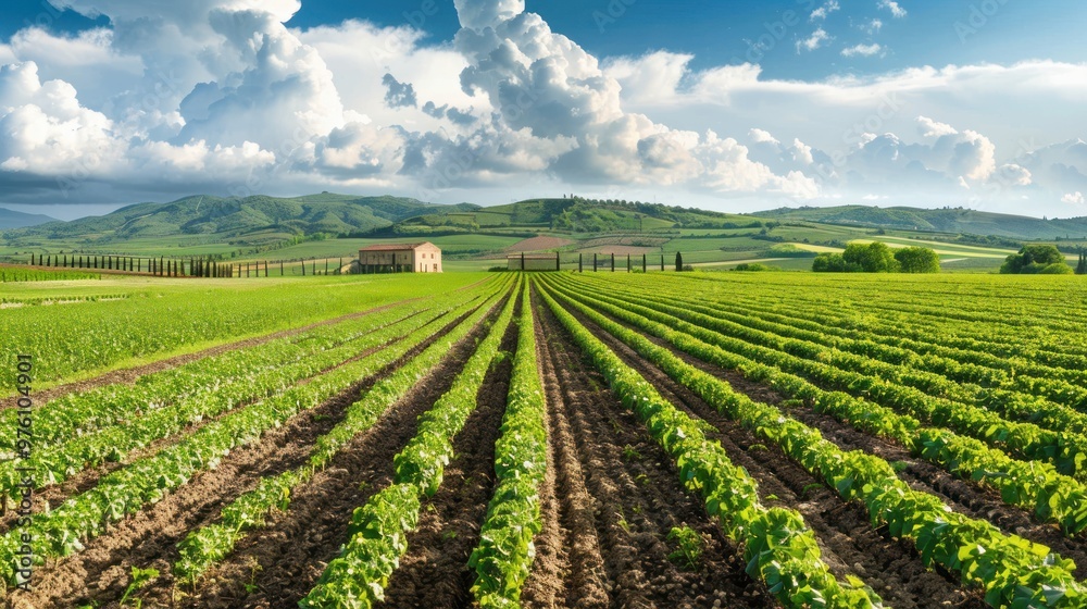 A picturesque landscape with rows of crops and a farmhouse in the distance
