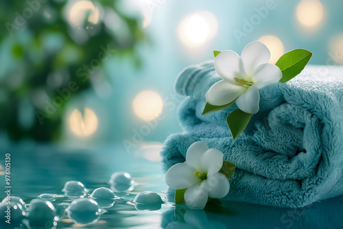 A calming arrangement features soft turquoise towels skillfully placed beside delicate white flowers. Water droplets add a refreshing touch, enhancing the tranquil ambiance